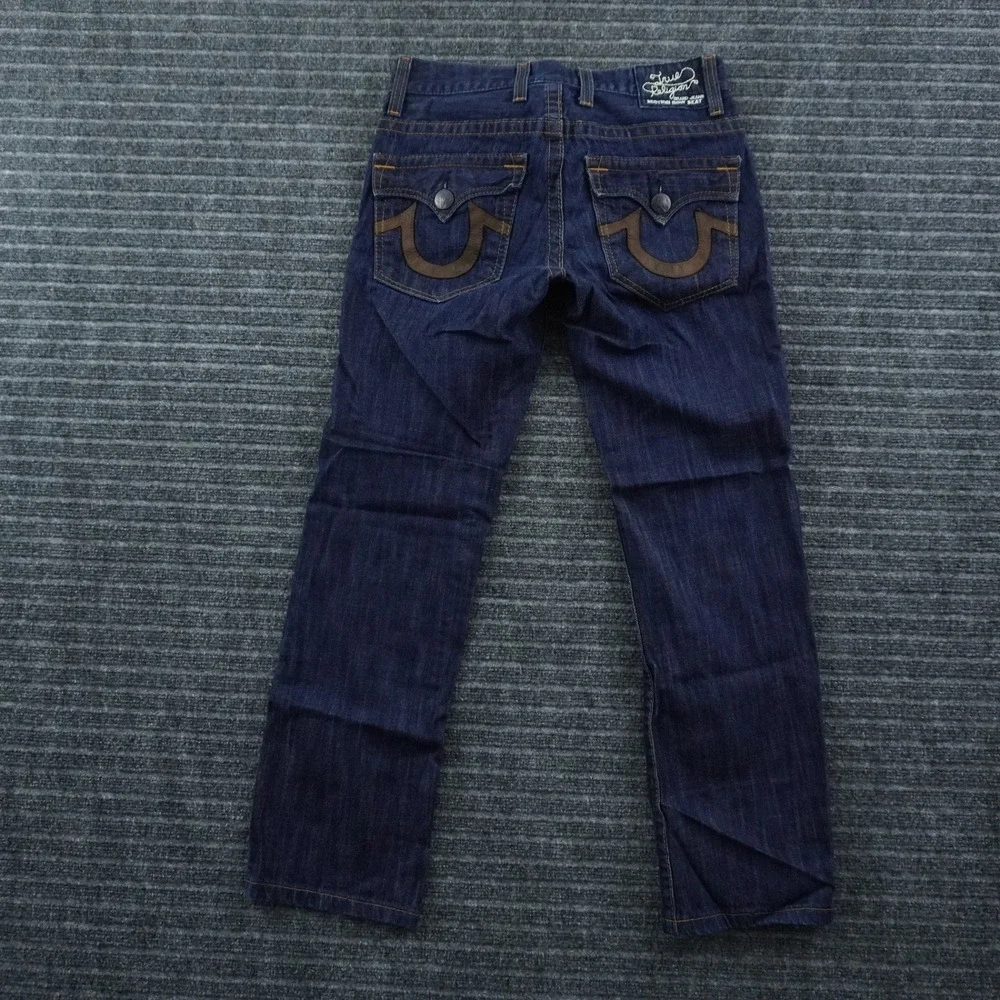 True Religion Straight Leg Jeans Mens 31 Dark Wash Blue Leather Horseshoe Logo